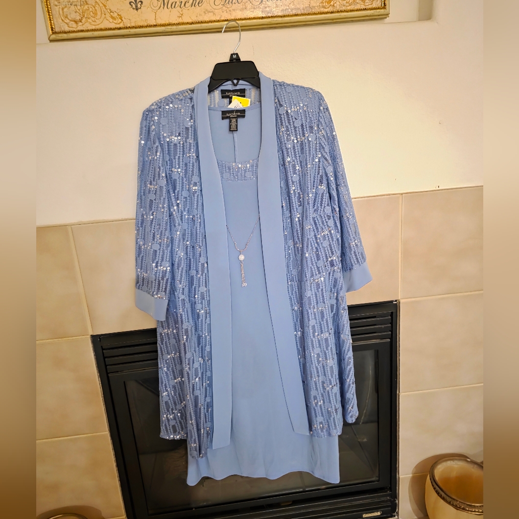 R&M Richards Dusty Blue Sequin 3/4 Sleeve Dress Set Size 20w